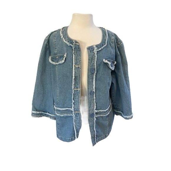 Live a Little Blue Denim Jean Jacket Fringe Trim Women's 1x - Picture 1 of 6